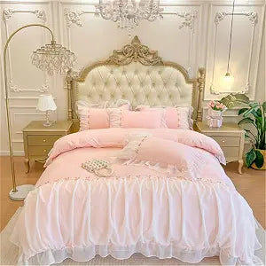 MOOWOO Pink Bedding-Romantic Ruffle Lace Bedding Set 2 Piece Comforter Twin Duvet Cover with Zipper Closure,Aesthetic Room Decor for Girls-Pink,Twin Size
