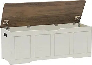 Timberer 47.2" Storage Chest, Extra Large Storage Trunk with 2 Safety Hinges, Wooden Storage Bench, Shoe Bench, Entryway Bench for Living Room, Bedroom, Brown and Rustic White