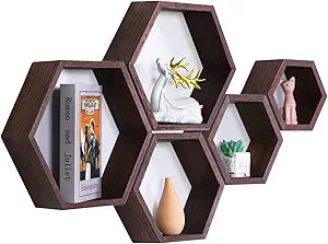 PHOENANCEE Hexagon Floating Shelves,Wall Mounted Wood Farmhouse Storage Honeycomb Wall Shelf Set of 5,for Bathroom, Kitchen, Bedroom, Living Room,Office,Driftwood Finish (Walnut)