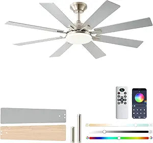 52 Inch Ceiling Fans with Lights, Nickel Ceiling Fan with Light and Remote Control, Reversible DC Motor, 3CCT, Dimmable, Timer, Noiseless, Ceiling Fan for Bedroom Livingroom, Indoor/Outdoor Use