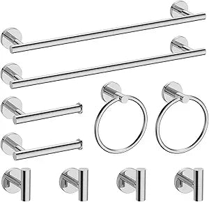 Newfun 10-Pieces Bathroom Hardware Set, Includes 24 Inch Towel Racks for Bathroom Wall Mounted, Toilet Paper Holder, Towel Hooks for Bathrooms, Towel Rings for Bathroom Wall (Polished Chrome)