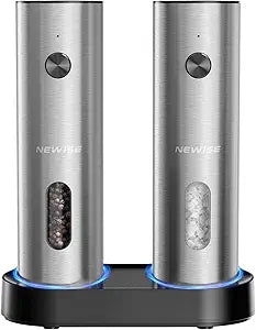 Newise Electric Salt and Pepper Grinder Set - Charging Base, Automatic Rechargeable Pepper Mill with Adjustable Coarseness, LED Lights, Large Capacity, Kitchen Appliance for Mom Wife