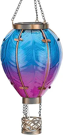 Regal Art & Gift Hot Air Balloon Solar Lantern Hanging Solar-Powered LED Lights, Waterproof Portable Decorative Outdoor Lamp Made of Metal & Glass for Garden, Patios & Pathway Blue (Small)