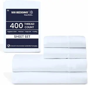 SGI 400 Thread Count 100% Egyptian Cotton Queen Sheet Set Ultra Soft, Breathable, Deep Pocket 15 Fitted, Durable & Luxurious 4-Piece Bedding Set for Hotel-Quality Comfort, Light Blue Sheets