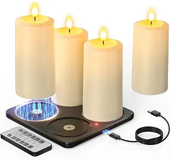 Yme Rechargeable Flameless Pillar Candles with Remote & Magnetic Charging Base, 4PCS Waterproof LED Flickering Candles with Timer for Indoor Outdoor Lantern Patio Yard Home Decor