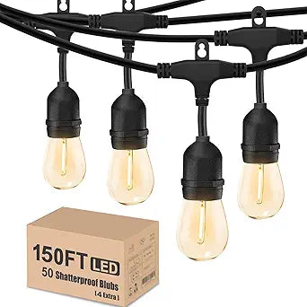 Achin Outdoor String Lights 150 Feet LED Waterproof Patio Lights with 50 Shatterproof Dimmable Warm Edison Bulbs String Lights for Outdoor Gazebo Bistro Wedding Birthday Party Lights, Connectable