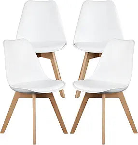 NEWBULIG Dining Chairs Set of 4, Mid Century Modern Dining Room Chairs for Kitchen, PU Leather Cushion and Upholstered Side Seating with Wood Legs for Living Rroom, Lounge, White