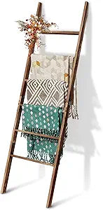 6-Tier Blanket Ladder Wooden, 5.7FT(66.5'') Blanket Quilt Towel Holder Rack Decorative Ladder, Easy Assembly, Rustic Farmhouse Ladder Shelf for The Living Room Bedroom Bathroom Home Decor, Brown