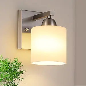 Mecgirn Brushed Nickel Milk Glass Wall Sconces, 1 Pack Hardwired Indoor Wall Light Fixtures for Living Room, Hallway, Bedroom, Ceramic E26 Sockets (Bulbs Not Included)