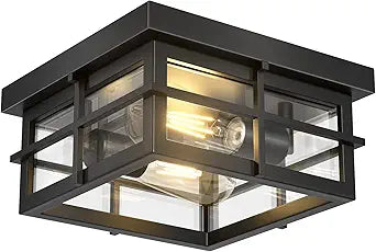 Asnxcju Modern Outdoor Ceiling Light Fixtures, 2-Light Black Flush Mount Light Fixtures with Clear Glass Shade, Farmhouse Square Ceiling Lighting for Porch Bathroom Kitchen (Bulbs Not Included)