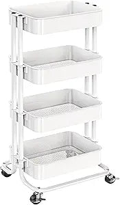 Pipishell 4 Tier Metal Rolling Utility Cart, Heavy-Duty Storage Rolling Cart with 2 Lockable Wheels, Multifunctional Mesh Organization Utility Cart for Kitchen Dining Room Living Room, PIUC13W