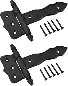 Renovators Supply Manufacturing Pack of 2 Shed Door Hinge 5 in. Black Wrought Iron Antique Style Decorative Flush Mount Cast Iron Barn Door Shed Hinge with Mounting Hardware