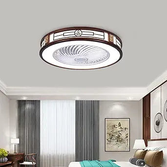 22 inch Modern Flush Mount Ceiling Fan with Light Dimmable Tri-Color Temperatures LED Lamp Wood Round Chandelier Remote Control Quiet Reversible Motor Ceiling Fans for Indoor