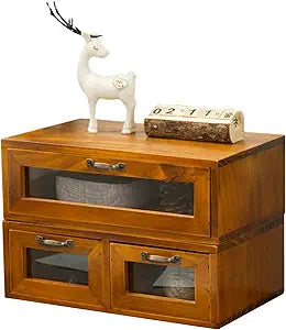 2-pc Stackable Storage Drawers - See-Through Wooden Storage Cabinets - 2-Level Desktop Organizing Cabinet with 3 Drawers - Solid Wood Storage Box with Display & Metal Handles