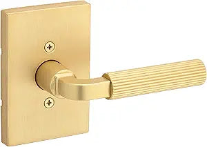 Kwikset Mirada Reeded Dummy Door Handle, Single Sided Lever for Closets, French Double Doors, and Pantry, Satin Brass, Non-Turning Reversible Interior Push/Pull Lever, with Microban Protection