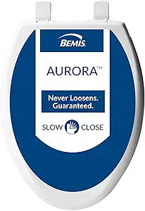 Bemis Aurora Slow Close Toilet Seat, Easy Clean Hinges and Adjustable Perfect Fit Plastic Seat, Made in USA, Elongated, White