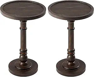 COZAYH Set of 2 Traditional Rustic Pedestal Tables, Round Tray Top End Table with Farmhouse Style Distressed Finish for Small Spaces, Dark Brown
