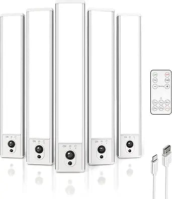 EZVALO 5-Pack Under Cabinet Lighting, 2400mAh Motion Sensor Light, LED Closet Lights Wireless, 6500K Dimmable, Timer, Magnetic, with Remote Control for Kitchen, Closet, Stair