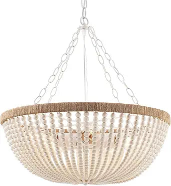5 Lights Bohemia Wood Beaded Chandelier Farmhouse Antique Rustic Pendant Light for Bedroom Kitchen Island Dining Living Room, White, Dia 22 Inch