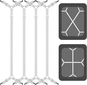 ACED��COR Bed Sheet Suspenders, 4 Pcs(2 Sets) Adjustable Bed Sheet Holder Straps Fitted Sheet Clips Keeping Sheets in Place, White