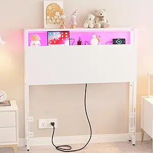 Merronix Twin Sized Headboard with 2 Tiers Storage Shelves, Sturdy and Stable Headboard with Charging Station, USB Ports and LED Light for Twin Bed Frames,White