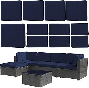 11pcs Patio Cushion Covers Replacement,Outdoor Couch Cushions Covers Splashproof Sectional Sofa Slipcovers with Zippers Washable Reusable Furniture Protector(Dark Blue, 25.6" L*25.6W*3.94" H)