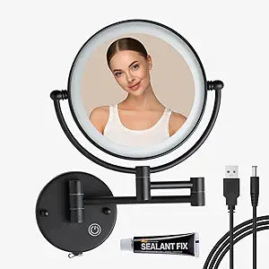 Rechargeable Bathroom Makeup Mirror with Light Wall Mounted, Brass 1/5X 2 Sided Magnifying Mirror with Extension Swing Arm, Touch Dimmable 360 Rotation Foldable Led Vanity Mirror, Matte Black