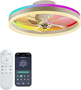 RGBCW 20" Flush Mount Low Profile Smart Ceiling Fan with Light, App & Remote Control, 6 Speeds Reversible, 3CCT Dimmable LED Bladeless Fandelier Quiet DC Motor for Bedroom Living Room