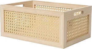 Rattan Storage Basket Wooden Box Wooden Storage Bins Rustic Boho Farmhouse Home Decor Tabletop Desk Shelf Organizer (Original)