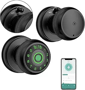 Fingerprint Door Knob-Fingerprint Door Lock with Keypad & App Control-Smart Door Knob,Matte Black - Ideal for Apartment, Bedroom, Office