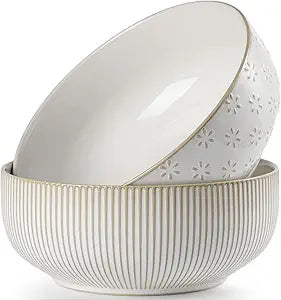 getstar Large Serving Bowls (8 inch & 60 fl oz), Ceramic Salad Bowl Set of 2, Microwave and Dishwasher Safe, Farmhouse Kitchen Decorative Bowls Set (Embossed Stripes & Stars)