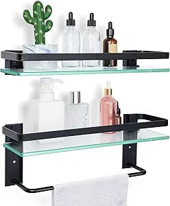 Suzile Set of 2 Glass Bathroom Shelves with Bar, Wall Mounted 15.7 x 4.7 Inches, Bathroom Shelves Hanging Modern Floating Shelf Metal Stick Room Rustproof Organizer Decorative(Black)