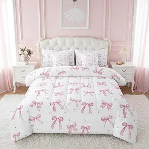 Erosebridal 7 Piece Light Pink Bow Bedding Set Twin Size,Girly Coquette Comforter Set with Sheets,Cute Preppy Bow Tie Knot Bed in A Bag with Flat and Fitted Sheet Kawaii Dreamy Bed Set