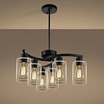 CNRATYE 6-Light Modern Farmhouse Black Chandelier, Contemporary Dining Room Light Fixture, Adjustable Height Hanging Industrial Pendant Lights Kitchen Island, Clear Glass Shade