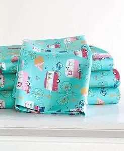 The Lakeside Collection Full Sheet Set, Blue, Retro Happy Glamping