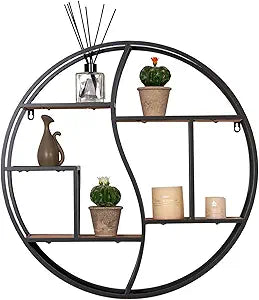 Round Wall Shelf,24 inch Metal Circle Shelf Wood Floating Shelves,Rustic Black Wall Mounted Display Organizer Shelf for Fireplace,Living Room,Bathroom