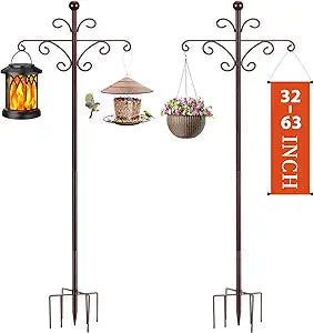 Bird Feeder Pole for Outdoors Heavy Duty Squirrel Proof, 2 Pack 63 Inch Adjustable Tall Shepherds Hooks for Outdoor with 7 Prongs Base, Double Shepherd Hooks (2 Pack Copper, 63 Inch)