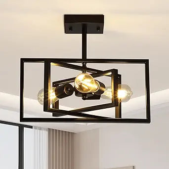 Black Semi Flush Mount Ceiling Light Fixture, 3-Light Modern Farmhouse Ceiling Light, Industrial Metal Chandelier Ceiling Lamp for Kitchen Entryway Bedroom Foyer Hallway, E26 Socket