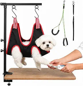 Dog Grooming Arm with Clamp for Small Dogs, Adjustable Height 26"-40" Heavy Duty Pet Grooming Arm with Hammock & Restraint, for Grooming Table, Home Use, Nail Trimming & Bathing