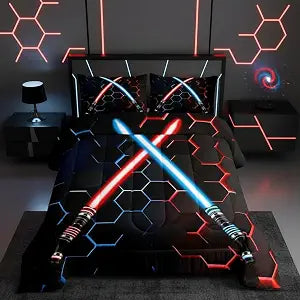 Neon Red Blue Light and Saber Bedding Set Twin Size Geometric Honeycomb Comforter Set 2Pcs for Kids Girls Boys Teens Room Decor Fashion Games Quilt Set Black 3D Hexagon Duvet Insert,1 Pillowcase