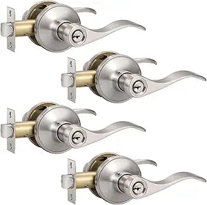 Knobonly 4 Pack Satin Nickel Entrance Door Handle, Wave Style Reversible Keyed Entry Door Lever for Exterior Use, Keyed Alike
