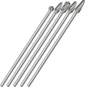 Sworker 5Pcs Long Carbide Burr Set 1/4" Shank Total L 6.2" Die Grinder Bits Rotary Rasp Attachment Cut Port Grind Metal Cast Iron Steel Aluminum Cylinder Head Engine Intake Exhaust Manifold Tight Area
