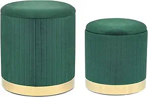 Adeco Round Velvet Storage Ottoman,Vanity Stool Chair,Upholstered Foot Rest Stool with Gold Plating Base for Living Room or Bedroom (Pack of 2), Small