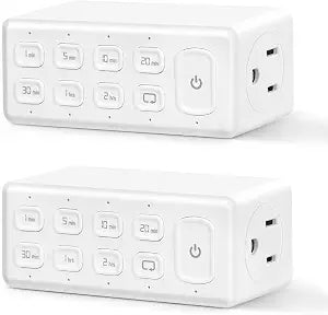 TOPELER Countdown Timer Dual Outlet, Programmable Electrical Timers Outlets with Repeat Function, Up to 4H for Lights, Fan, Appliance, Electric Bike, 3-Prong, 15A/1875W, HP, 2 Pack