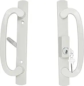 ReigaHood Keyed Sliding Patio Glass Door Handle Set Fits for Truth Legacy & Sash Controls P/N #2265, 45 Keyway w/o Mortise Lock, 3-15/16" Hole Centers, Non-Handed, White Diecast, A/B Position