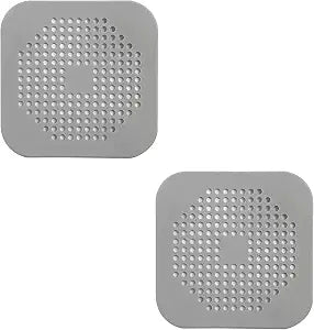 Drain Hair Catcher,Bathroom and Sink Protection Cover,Flat Dirty Stuff Strainer Stopper with Suction Cup,Multipurpose Kitchen and Shower Bathtub Filter Screen,Square Grey Silicone TPR(2pcs)