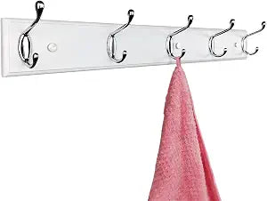 Wooden Wall Mounted Coat Rack 24 Inch (60cm), White with 5 Silver Hooks for Entryway, Hallway, Bedroom