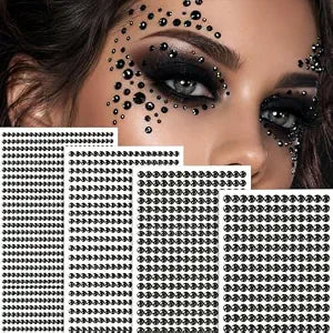 1608Pcs Face Gems Stickers Black Self-Adhesive Hair Gems Face Eye Rhinestones Jewels 3/4/5/6 mm DIY Face Gems for Halloween Stick on Face, Eyes, Body, Hair, Makeup for Kids,Women Accessories