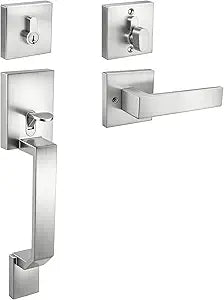 Probrico Front Door Handle and Deadbolt Set,Brushed Nickel Front Door Lock Set,Square Exterior Door Handle and Single Cylinder Deadbolt with Reversible Handle Lever,Entry Door Lockset with Deadbolt