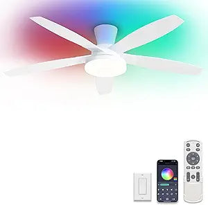 ZMISHIBO 52 inch RGB Ceiling Fans with Lights and Remote/APP Control,White Low Profile Ceiling Fan with Quiet DC Motor,LED Dimmable, Modern Flush Mount Ceiling Fan for Bedroom Indoor,Party, Patio